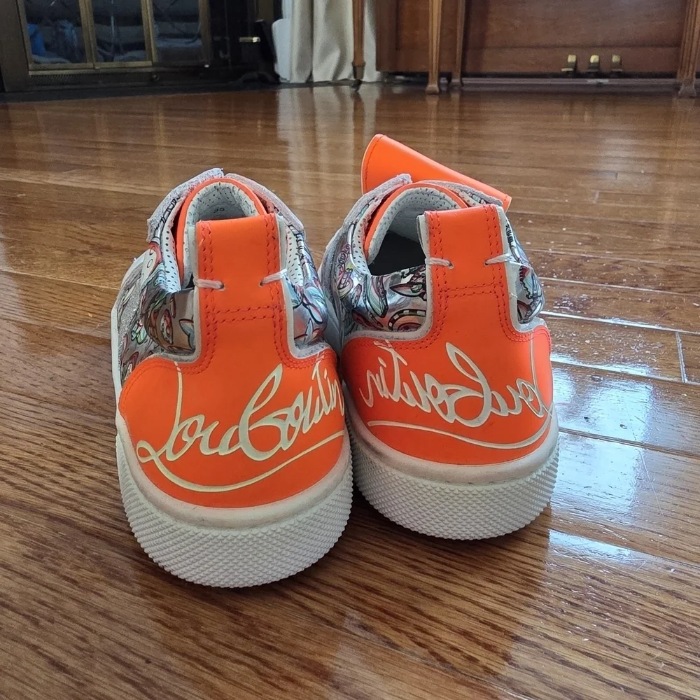 Christian Louboutin Kids Bright Orange and Metallic Sneakers